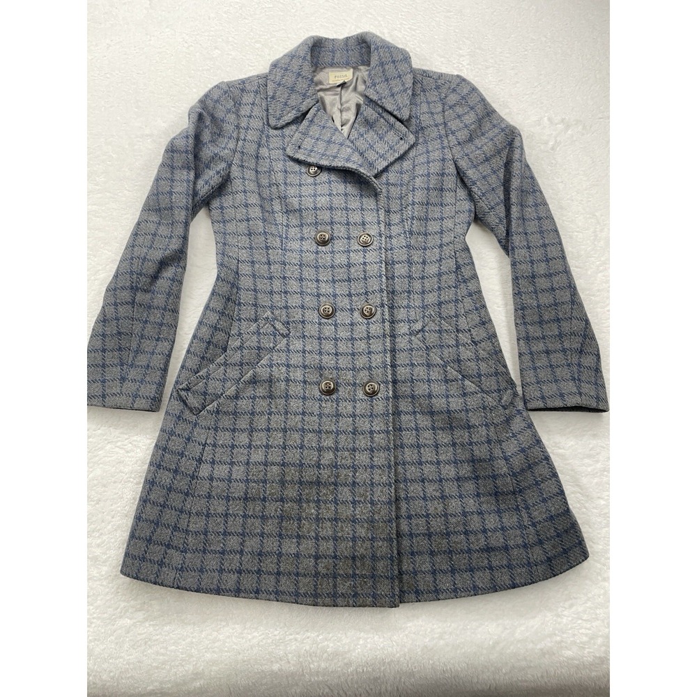 Fossil Grey & Blue Wool Blend Double Breasted Winter Pea Coat Women's Small